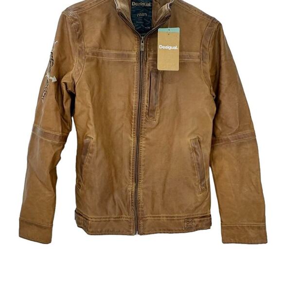 Desigual Chaq Alberto Full Zip Vegan Leather Jacket Long Sleeve Tan Size S NWT - Picture 3 of 14